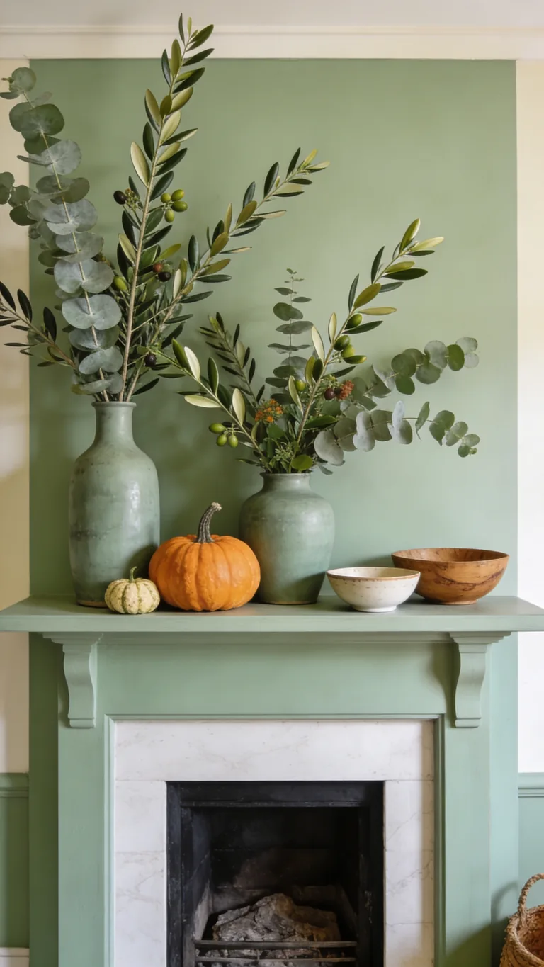 Vary Your Heights - sage green fall mantel decor idea