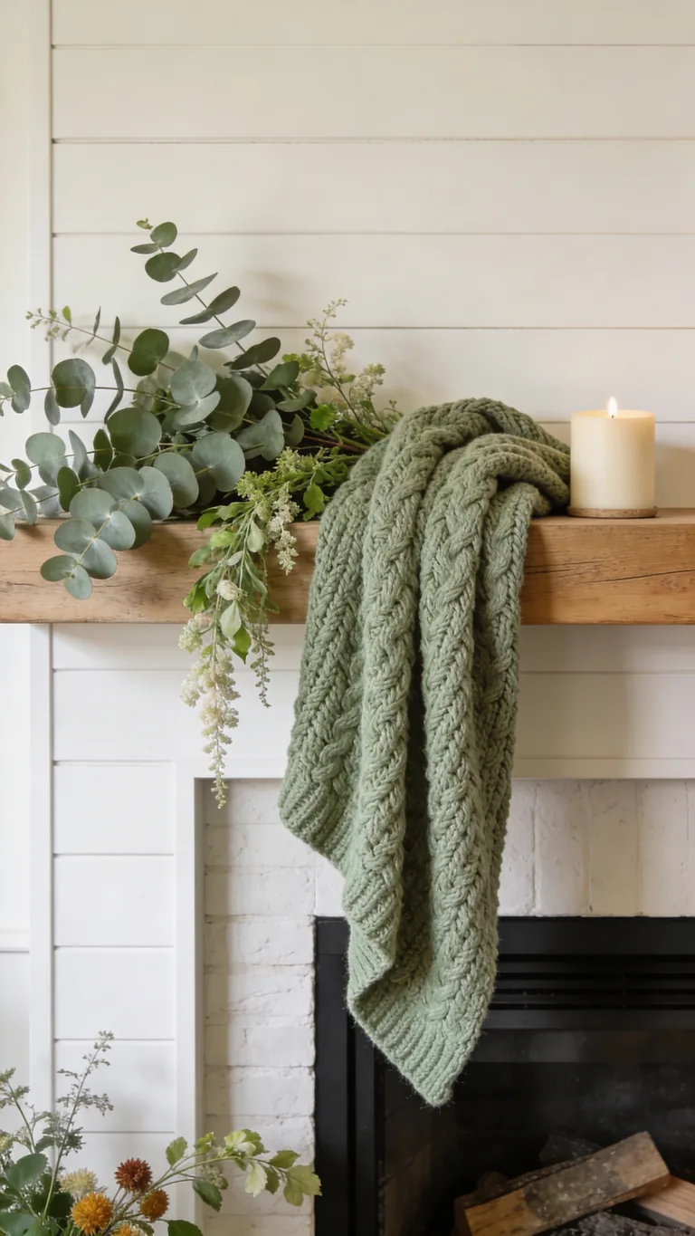 Add a Sage Throw or Textile - sage green fall mantel decor idea