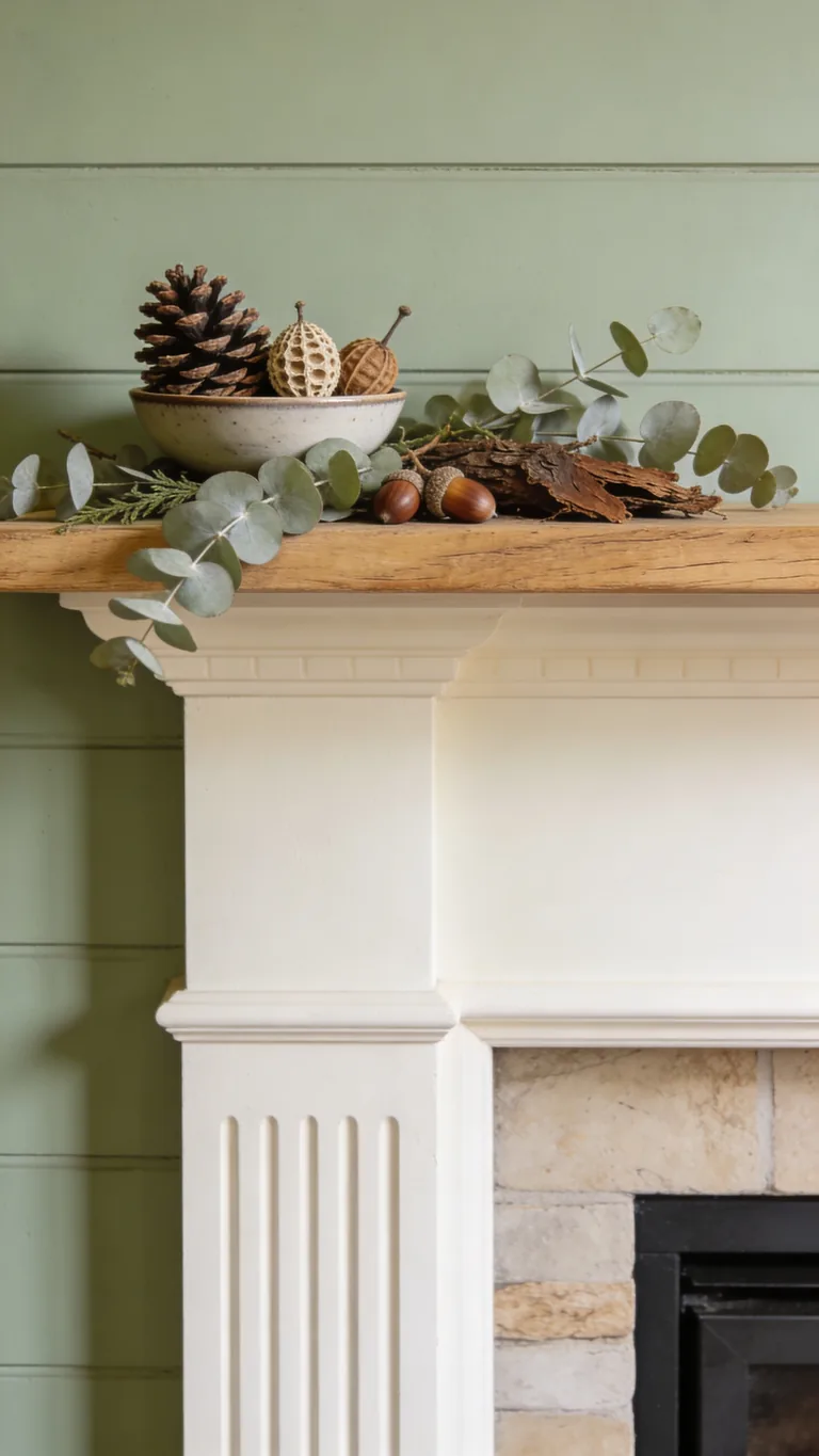 Include Pinecones or Pods - sage green fall mantel decor idea