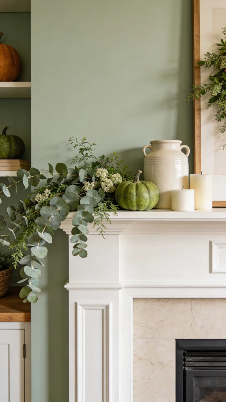 Try a Green and Cream Balance - sage green fall mantel decor idea