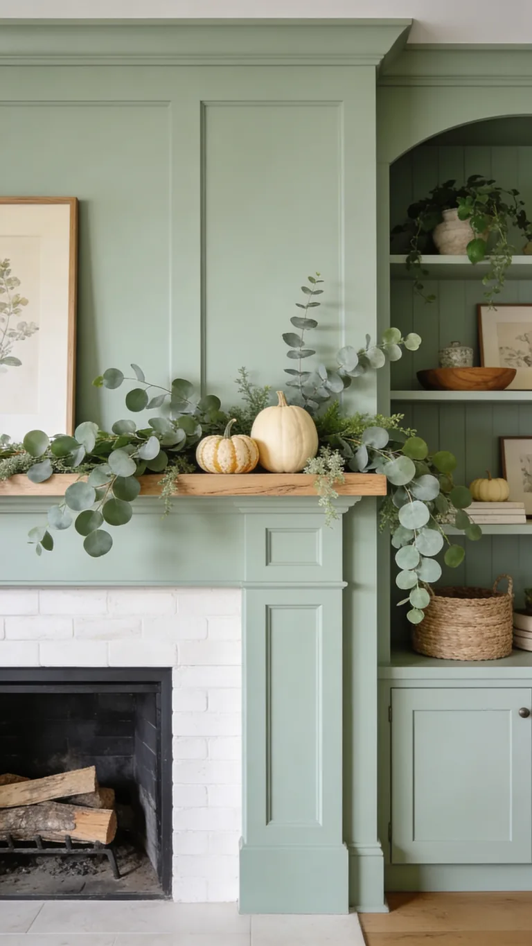 Echo Your Sage Living Room - sage green fall mantel decor idea