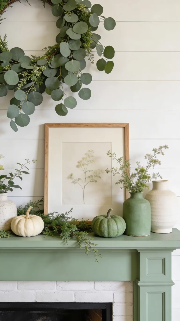 Keep It Calm and Uncluttered - sage green fall mantel decor idea