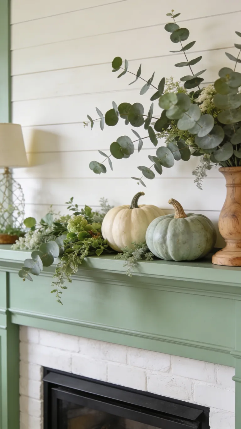 Finish With Fresh, Calm Beauty - sage green fall mantel decor idea