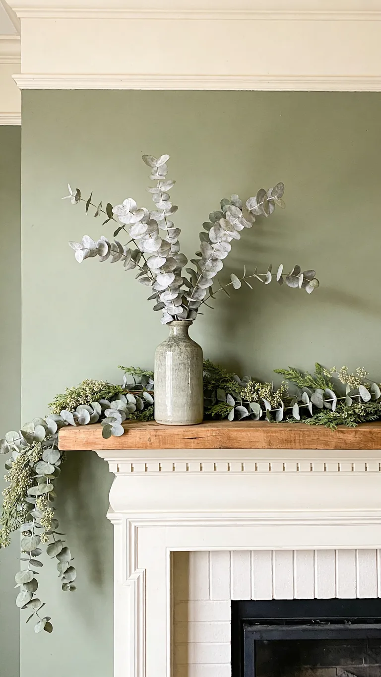 Add Eucalyptus - sage green fall mantel decor idea