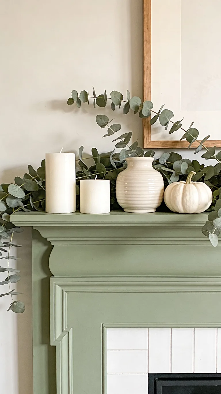 Layer in Cream and White - sage green fall mantel decor idea