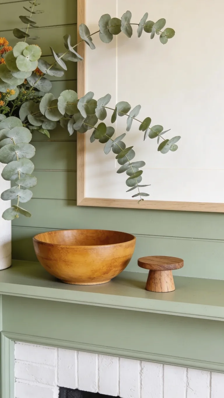 Add Natural Wood - sage green fall mantel decor idea