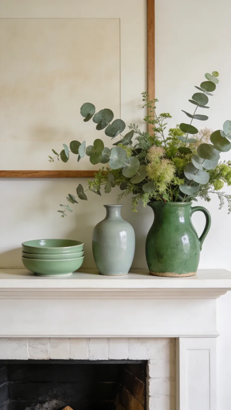Use Sage Ceramics - sage green fall mantel decor idea