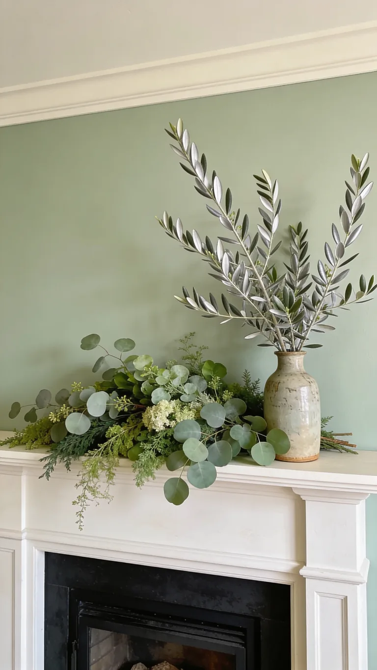 Add Olive Branches - sage green fall mantel decor idea