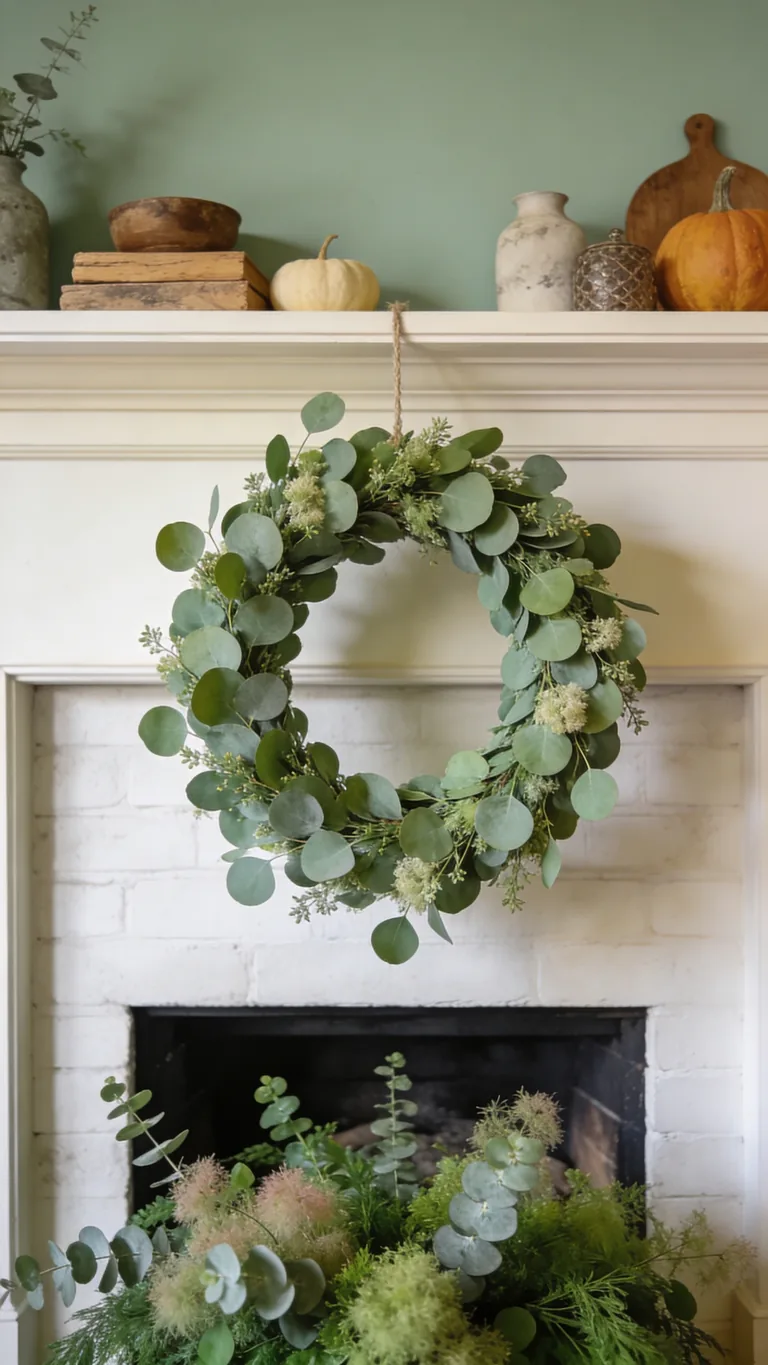 Hang a Eucalyptus Wreath - sage green fall mantel decor idea