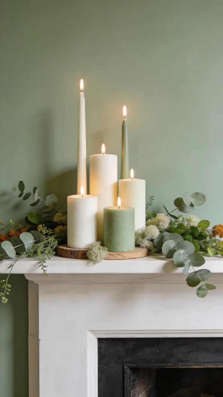 Keep Candles Soft and Pale - sage green fall mantel decor idea