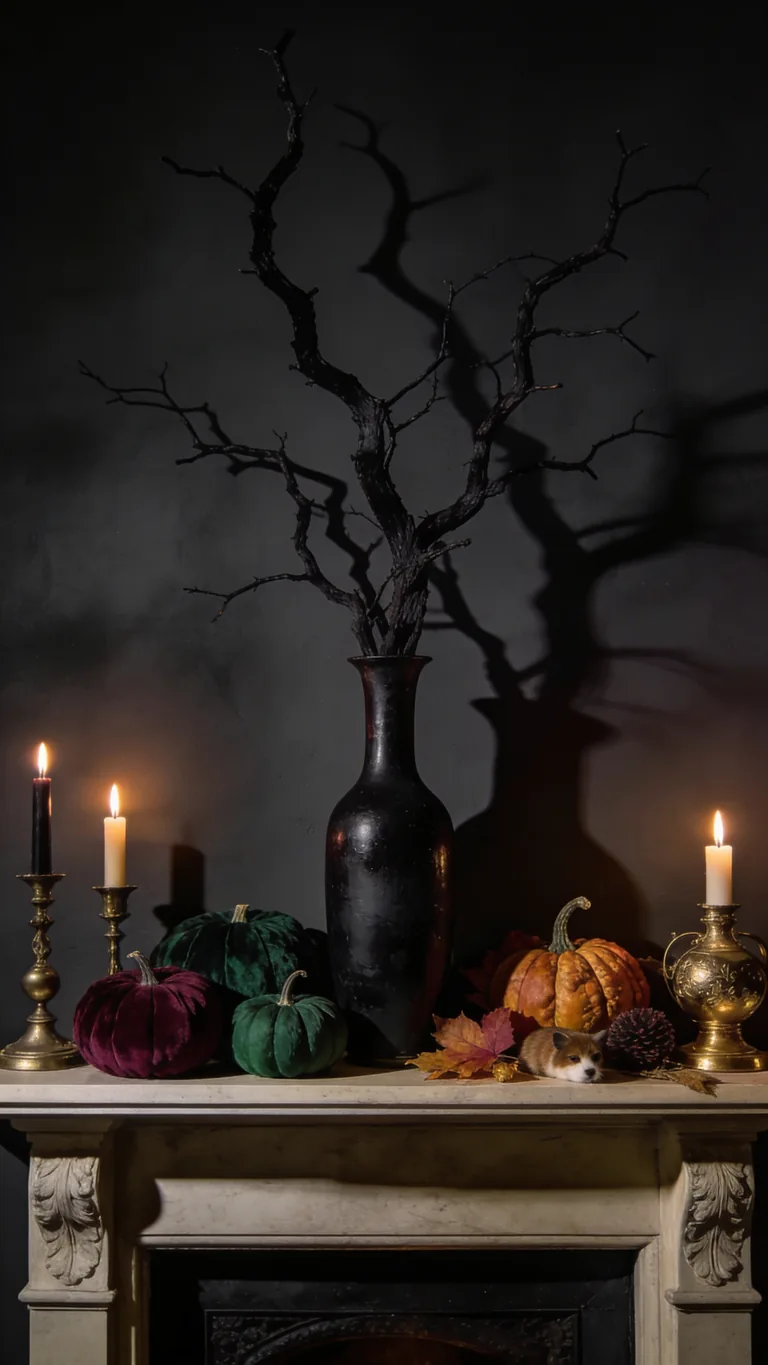 Add Dried Dark Branches - moody fall mantel decor idea