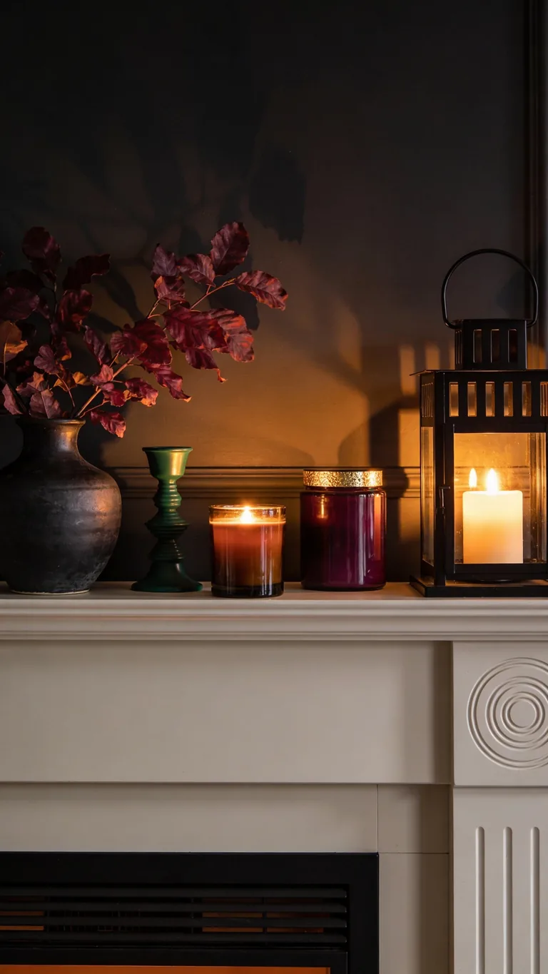 Keep the Lighting Low and Warm - moody fall mantel decor idea