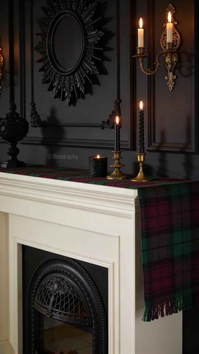 Try Dark Plaid or Tartan - moody fall mantel decor idea