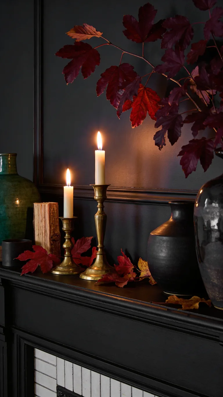 Balance Dark With Warmth - moody fall mantel decor idea