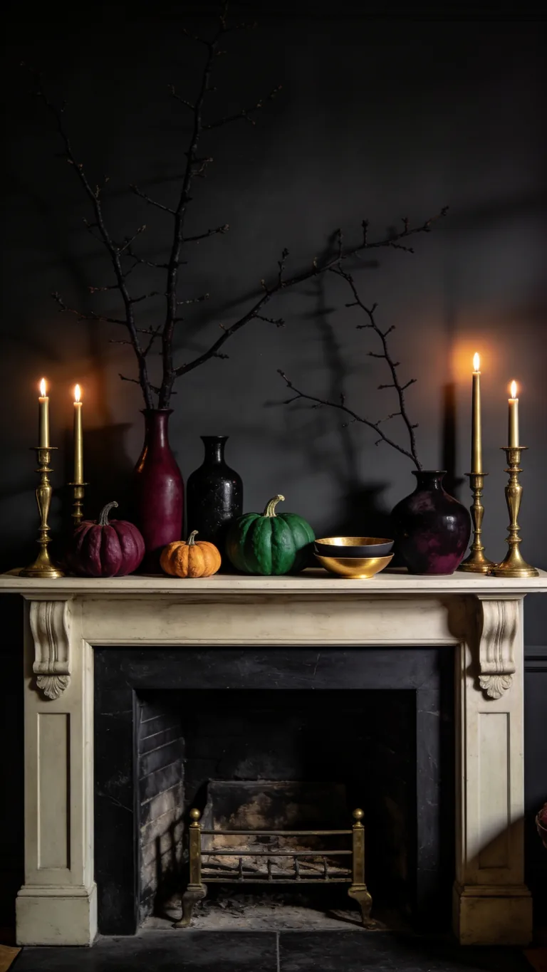 Vary Your Heights - moody fall mantel decor idea