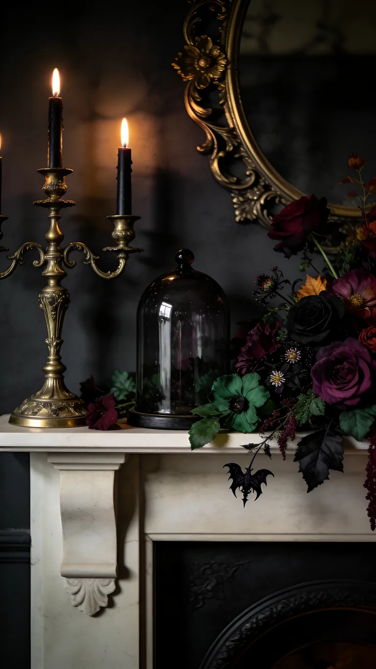Add a Touch of Gothic Detail - moody fall mantel decor idea