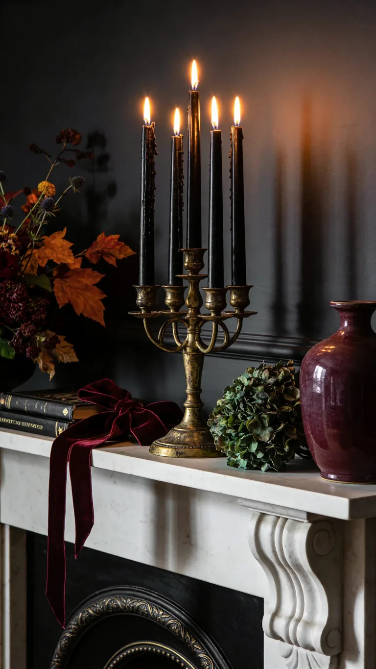Use Black Candles - moody fall mantel decor idea