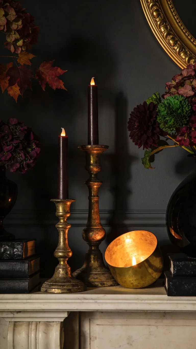 Add Warm Brass - moody fall mantel decor idea