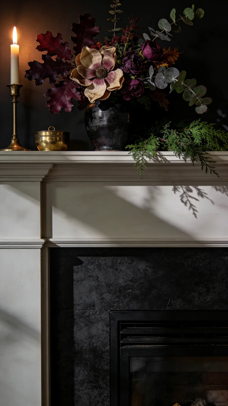 Add Dark Foliage - moody fall mantel decor idea
