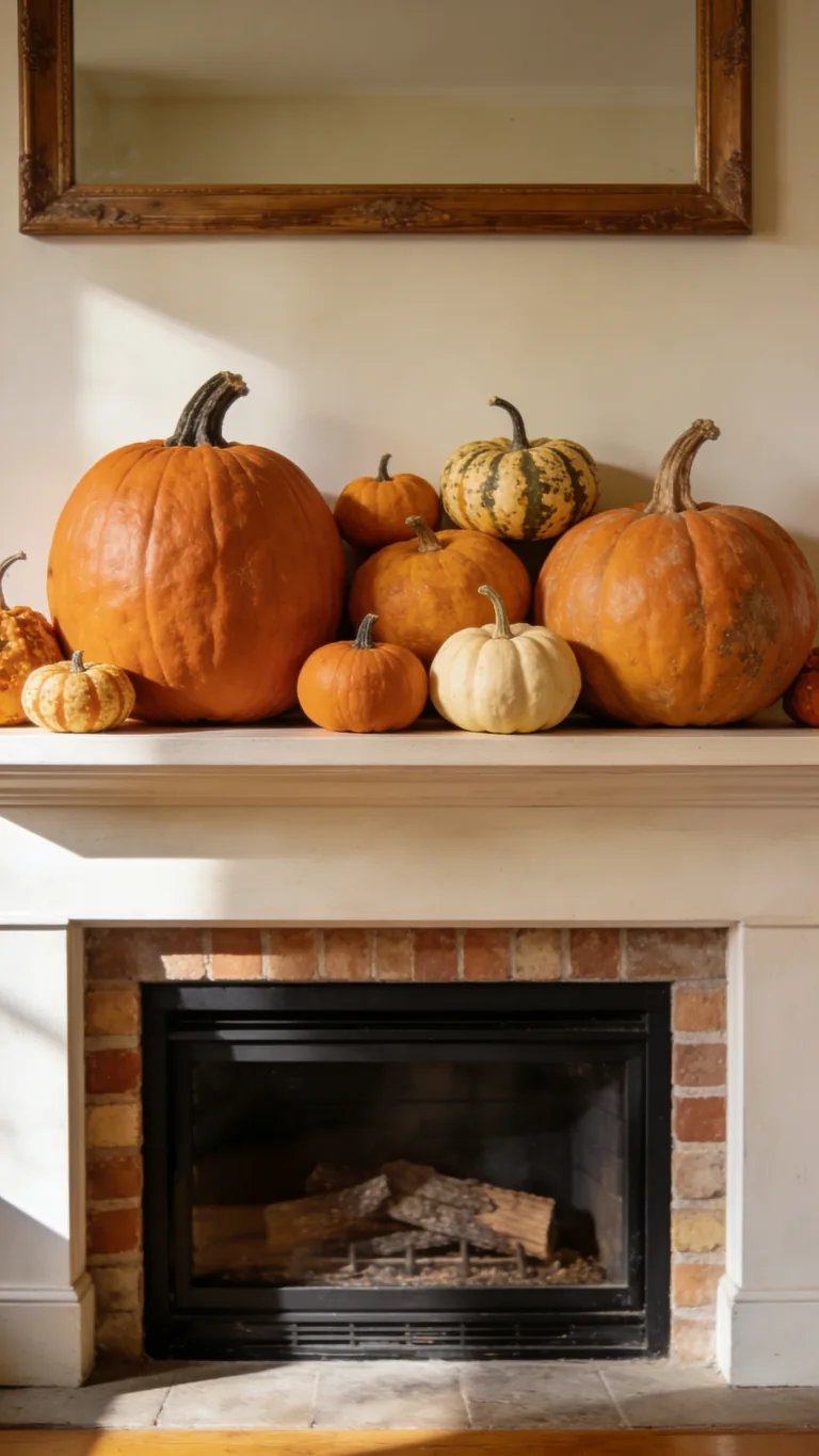 Mix Pumpkin Sizes - pumpkin fall mantel decor idea