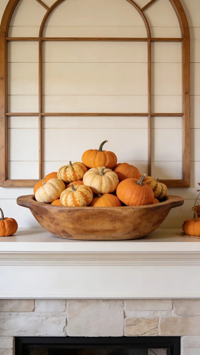 Use a Dough Bowl or Basket - pumpkin fall mantel decor idea