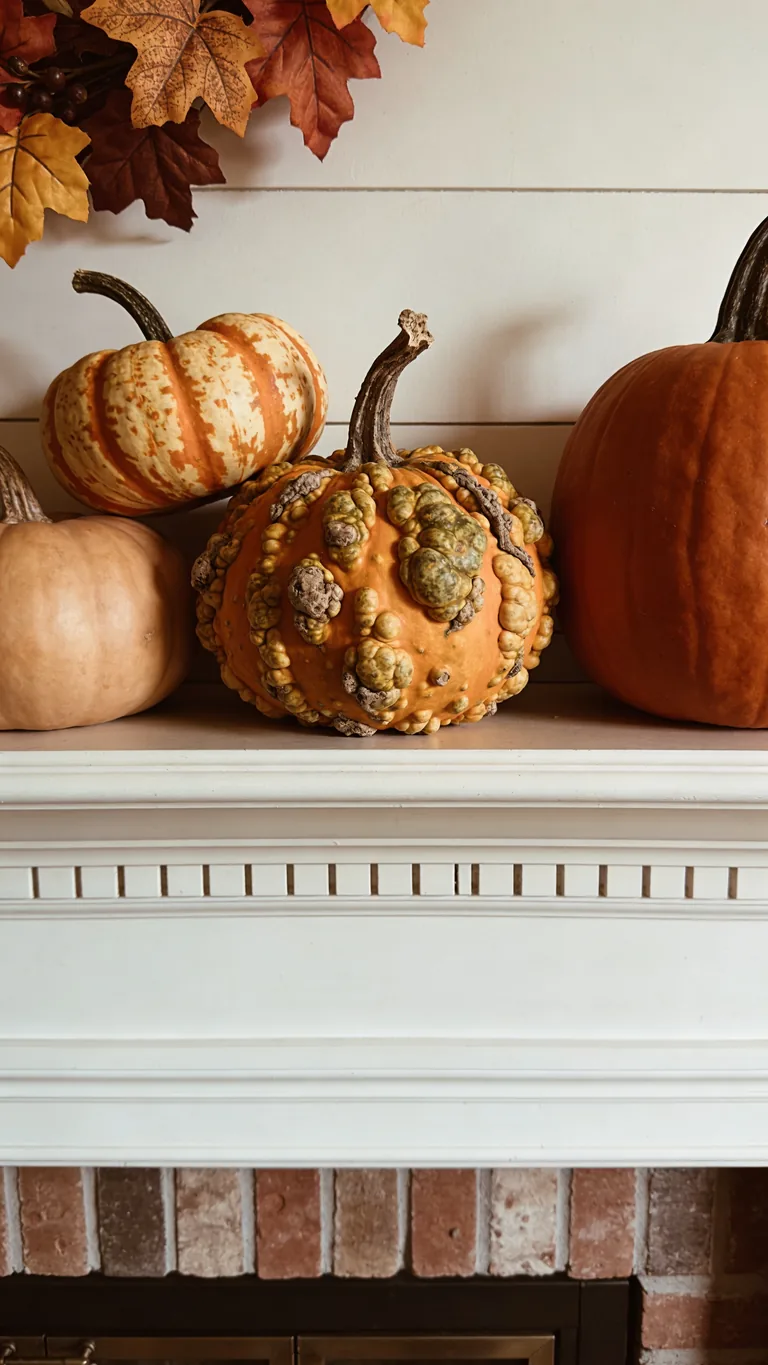 Add Texture With Warty Pumpkins - pumpkin fall mantel decor idea