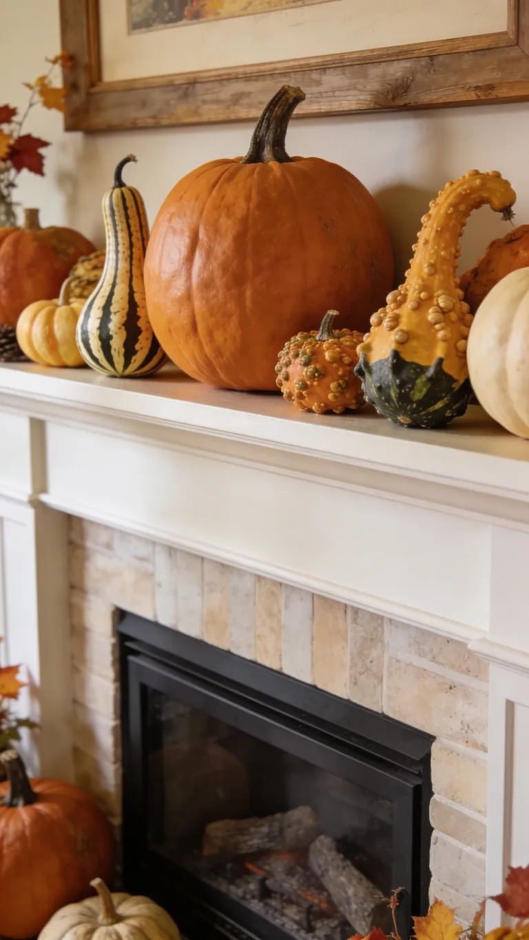 Mix in Gourds and Squash - pumpkin fall mantel decor idea