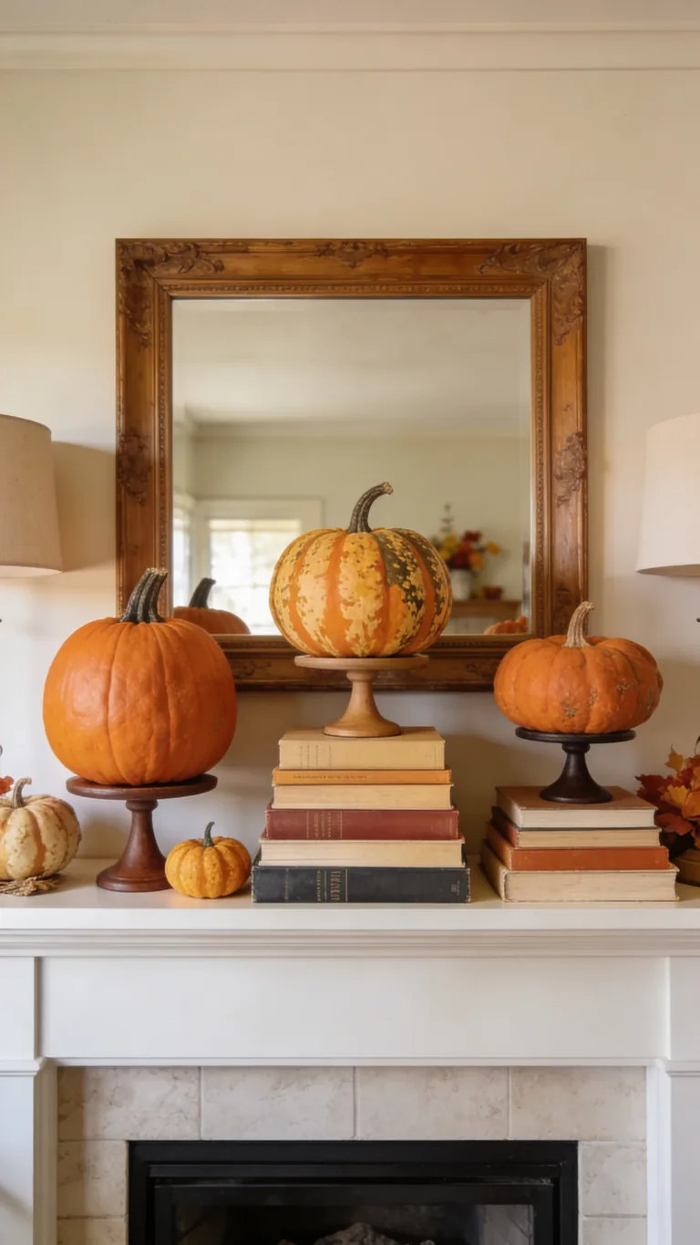 Raise Pumpkins on Risers - pumpkin fall mantel decor idea