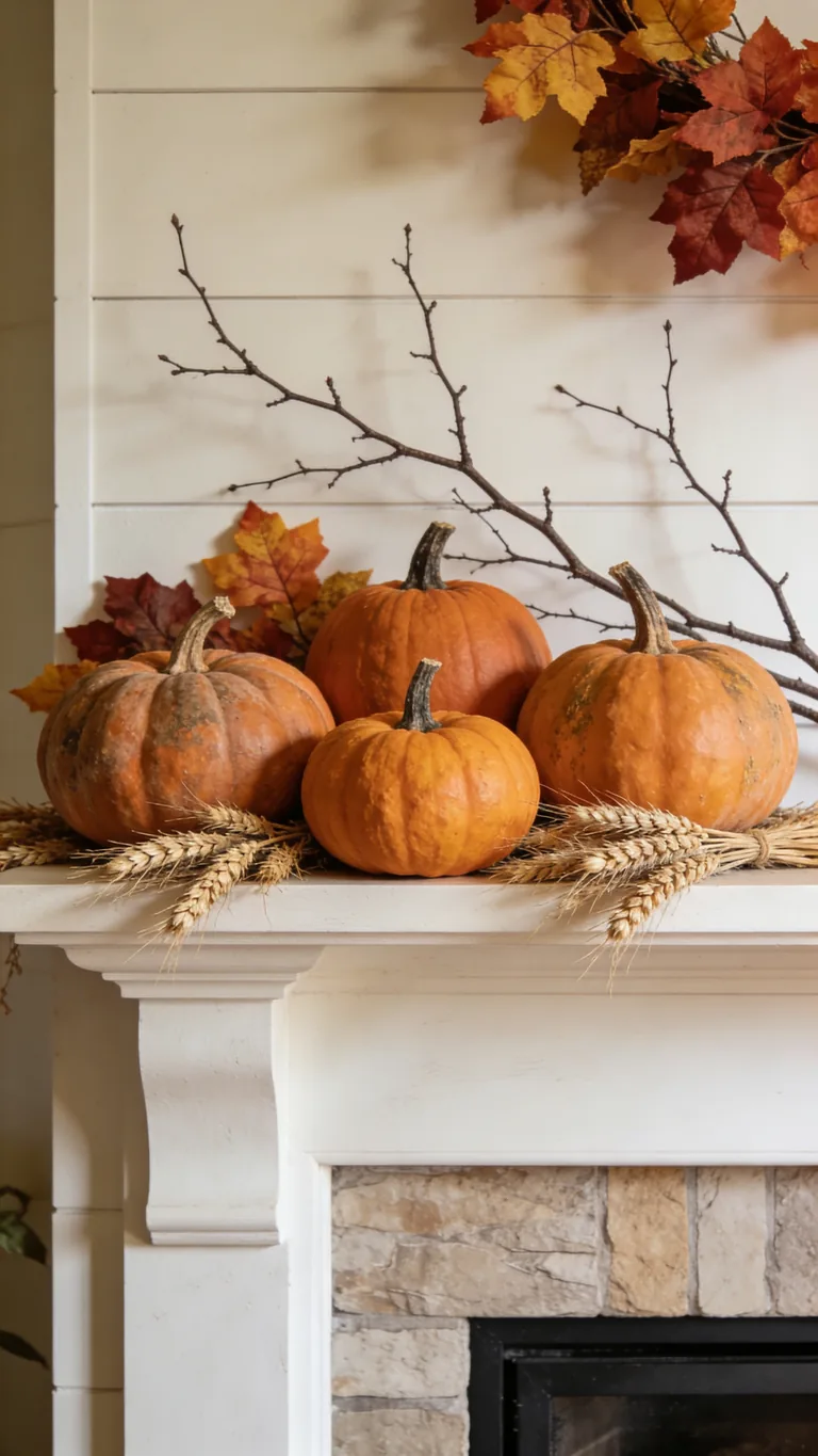 Add a Few Stems and Leaves - pumpkin fall mantel decor idea