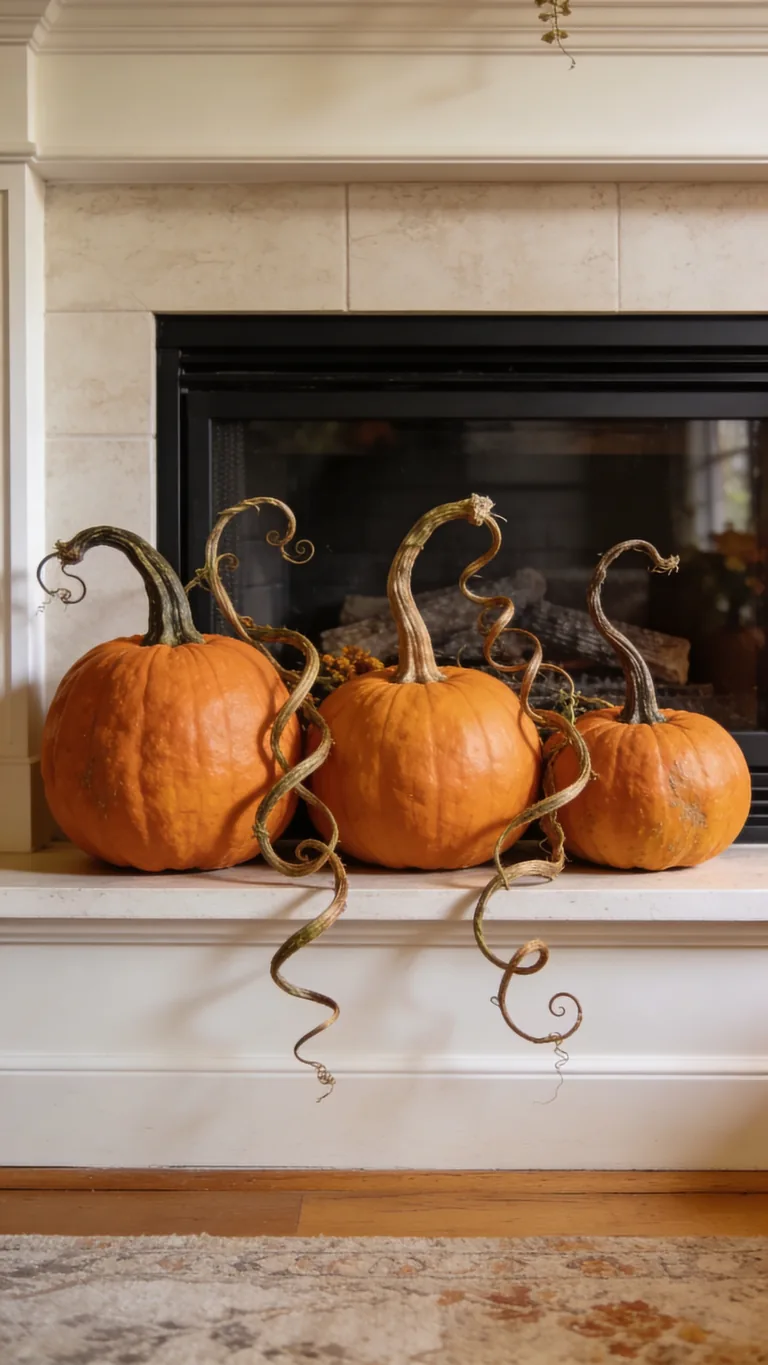 Display Stems and Real Pumpkins - pumpkin fall mantel decor idea
