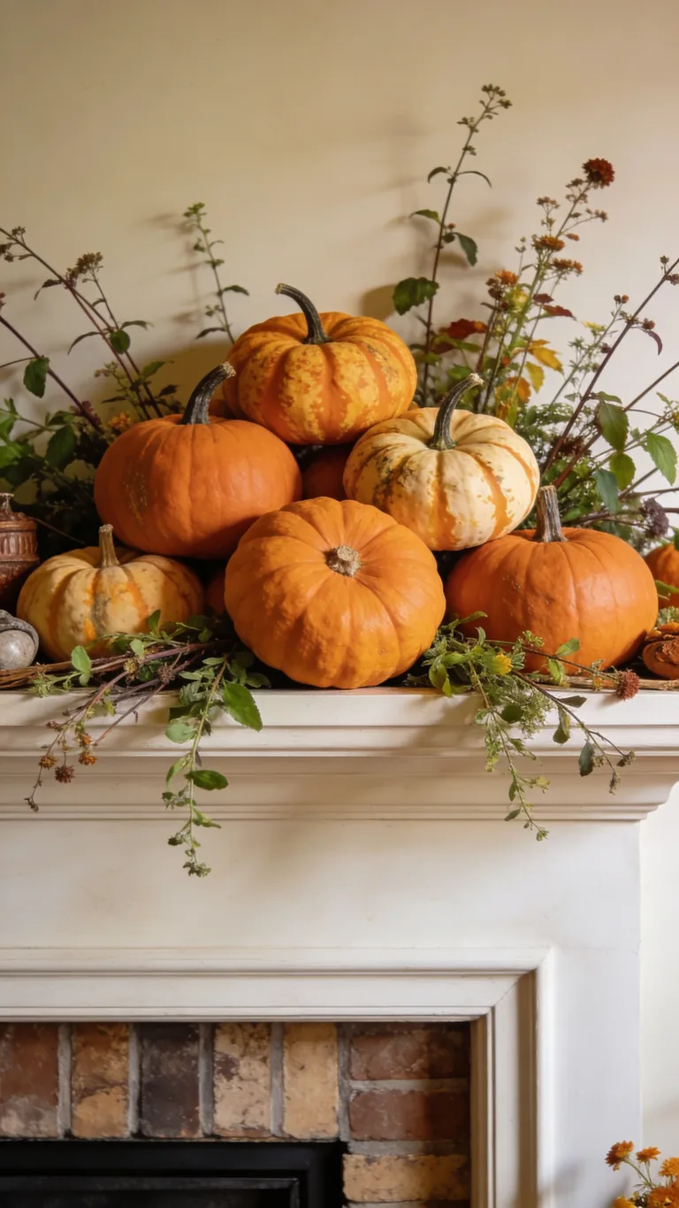 Finish With a Gathered, Natural Look - pumpkin fall mantel decor idea