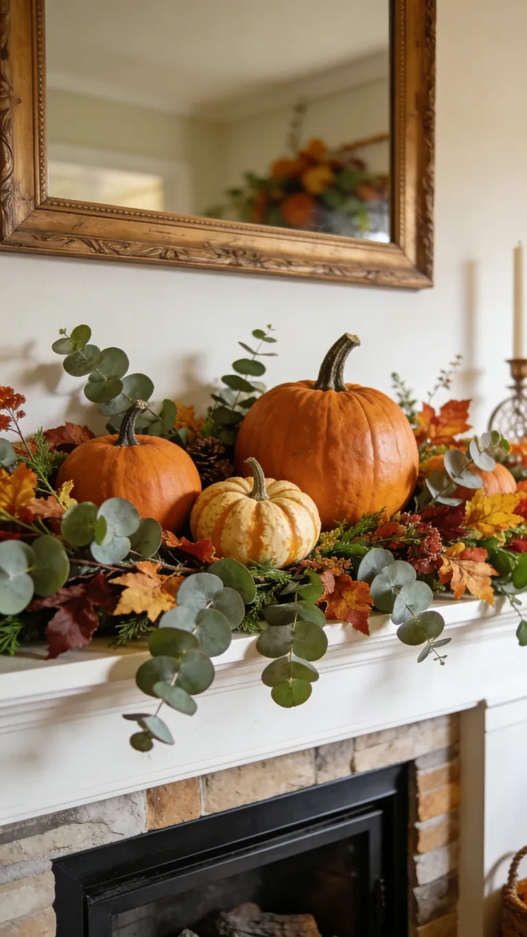 Add Greenery Around Them - pumpkin fall mantel decor idea
