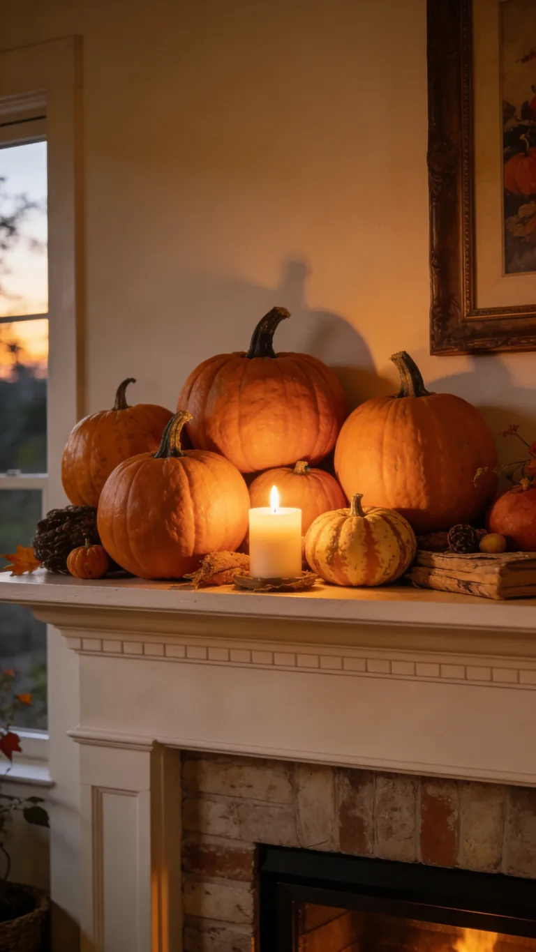Pair With Candles - pumpkin fall mantel decor idea