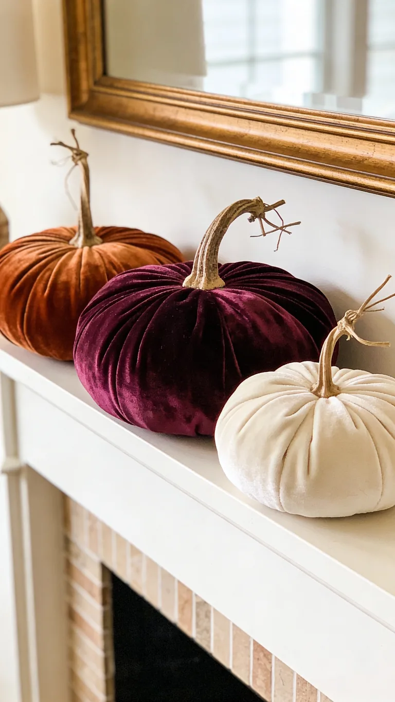 Add Velvet Pumpkins - pumpkin fall mantel decor idea