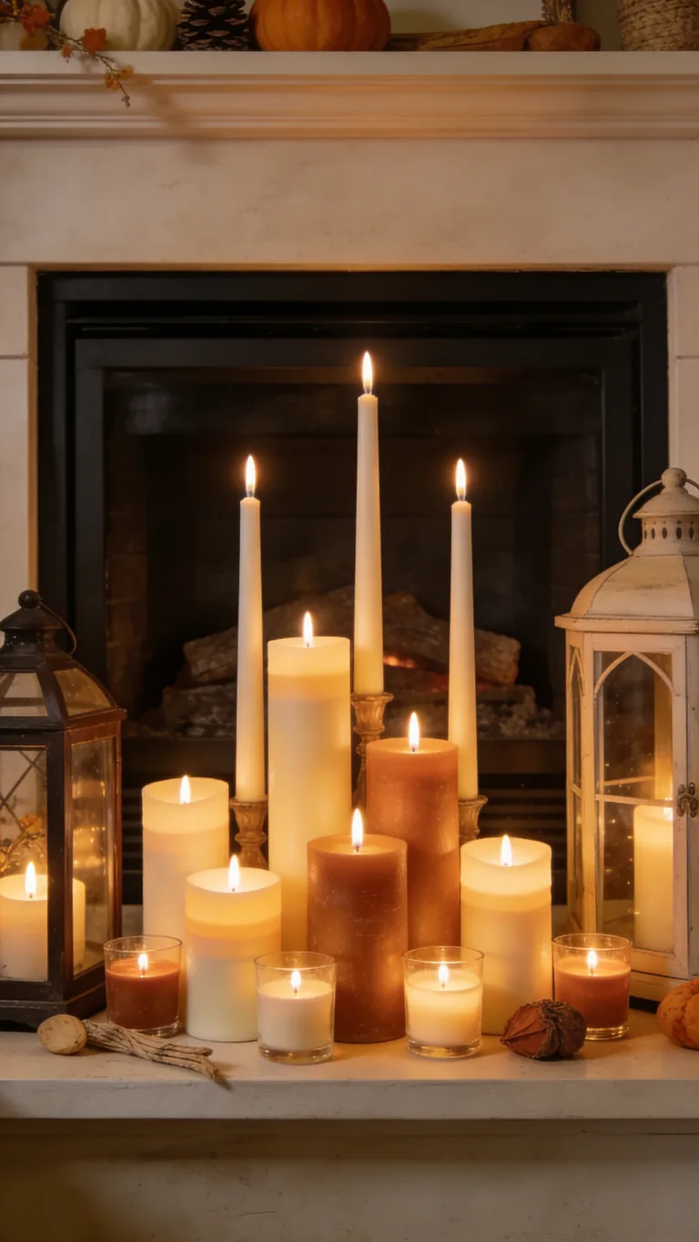 Cluster Candles at Varied Heights - candlelit fall mantel decor idea