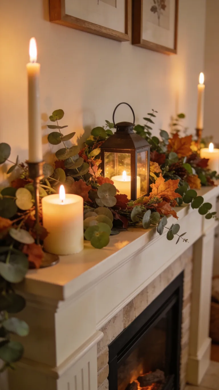 Surround Candles With Greenery - candlelit fall mantel decor idea