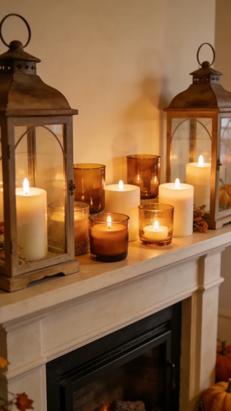 Use Amber Glass Votives - candlelit fall mantel decor idea