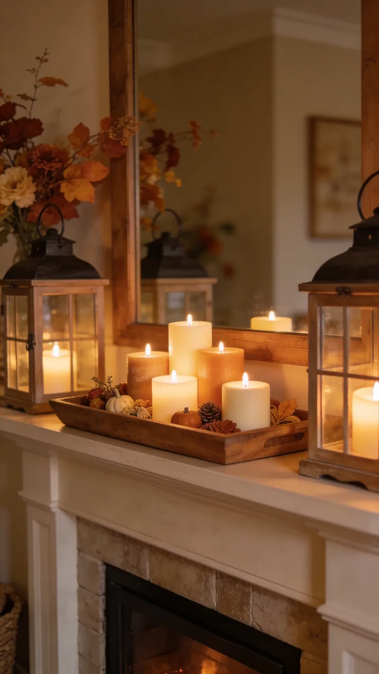 Add Candles to a Tray - candlelit fall mantel decor idea