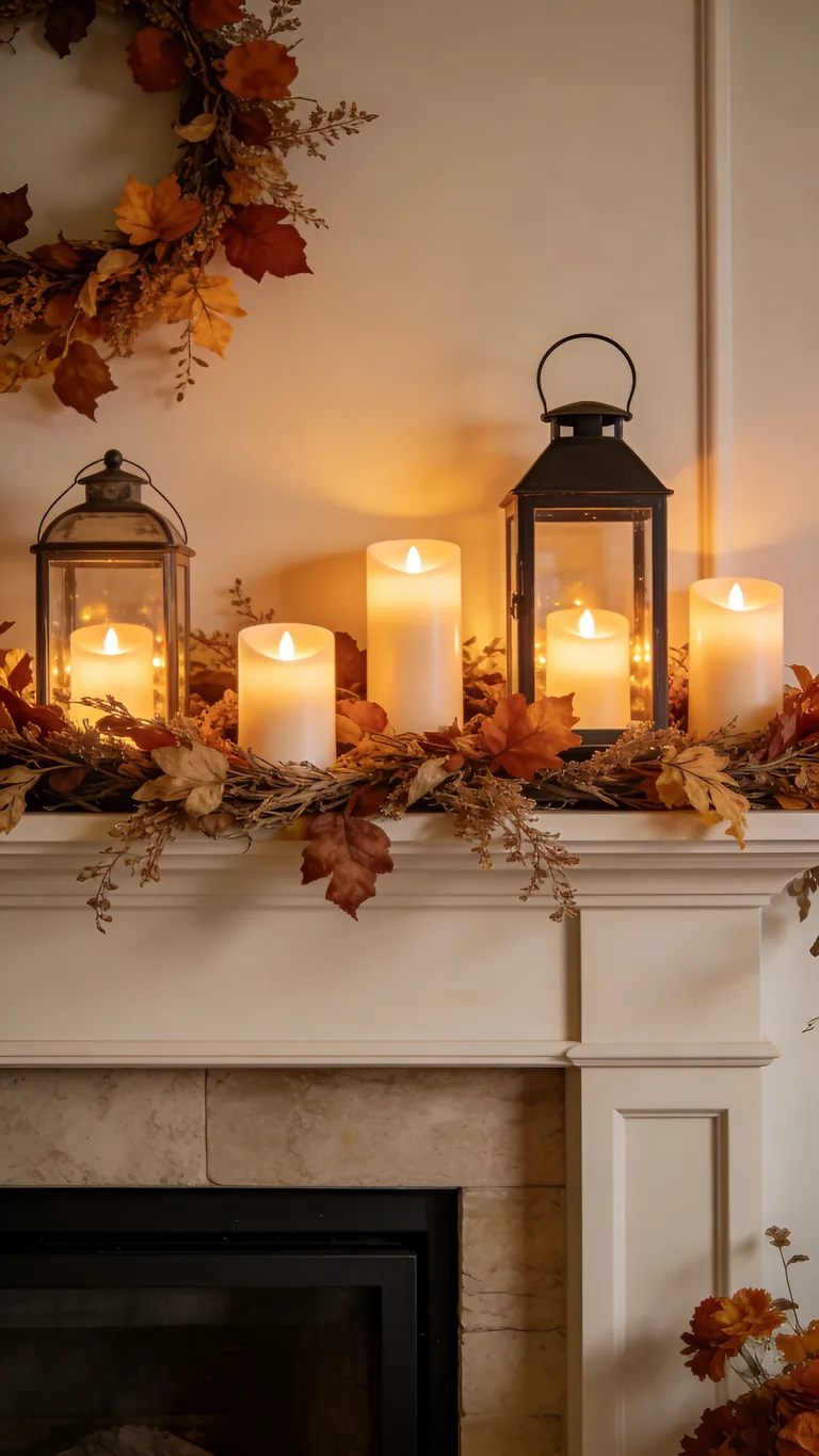Try Flameless Candles - candlelit fall mantel decor idea