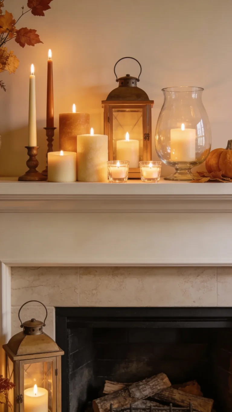 Mix Candle Shapes and Widths - candlelit fall mantel decor idea