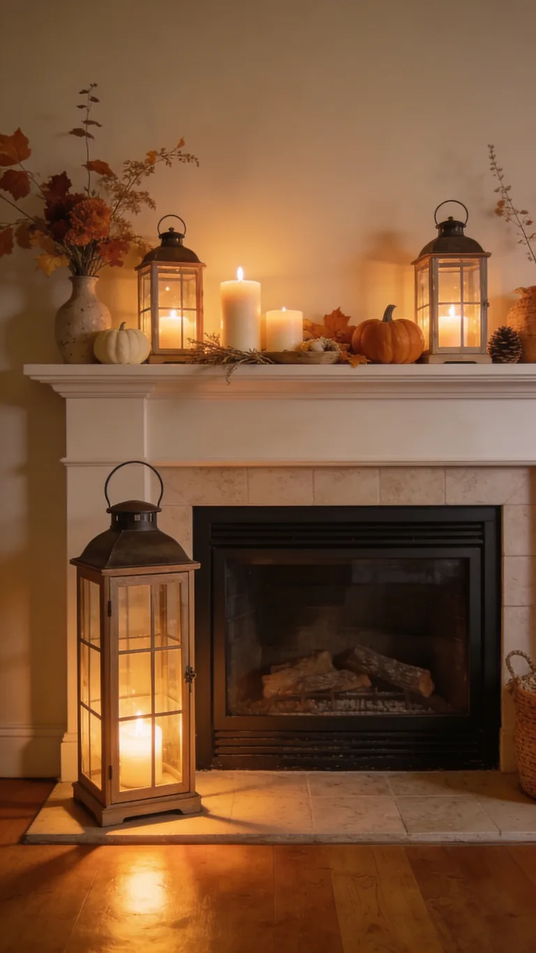 Add a Tall Floor Lantern Nearby - candlelit fall mantel decor idea