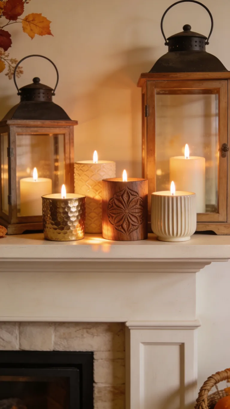 Use Candle Holders With Texture - candlelit fall mantel decor idea