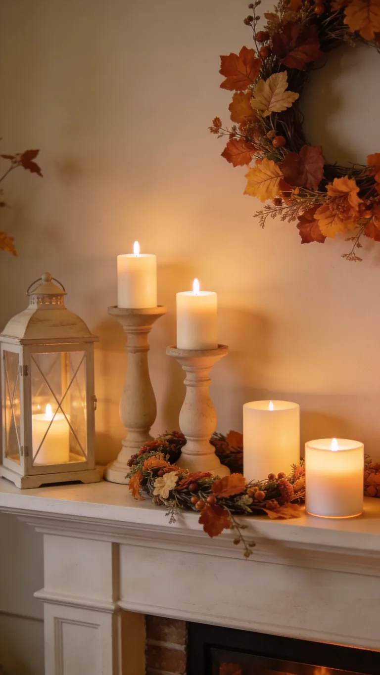 Keep Safety in Mind - candlelit fall mantel decor idea