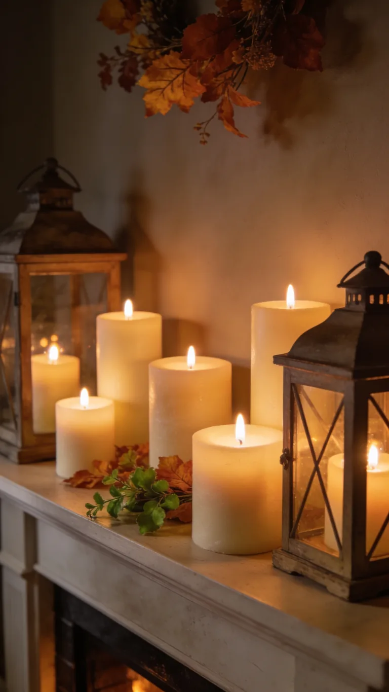 Finish With a Warm, Glowing Look - candlelit fall mantel decor idea