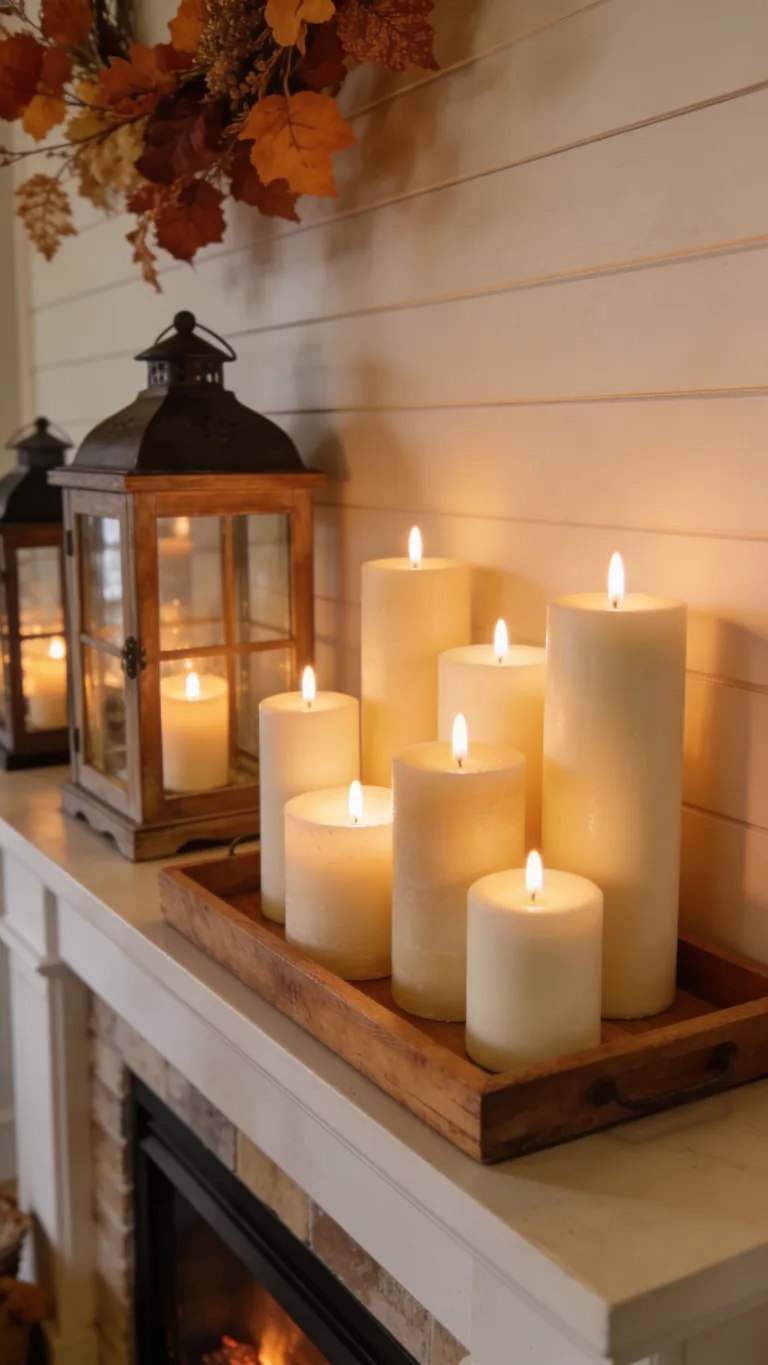 Use Pillar Candles - candlelit fall mantel decor idea