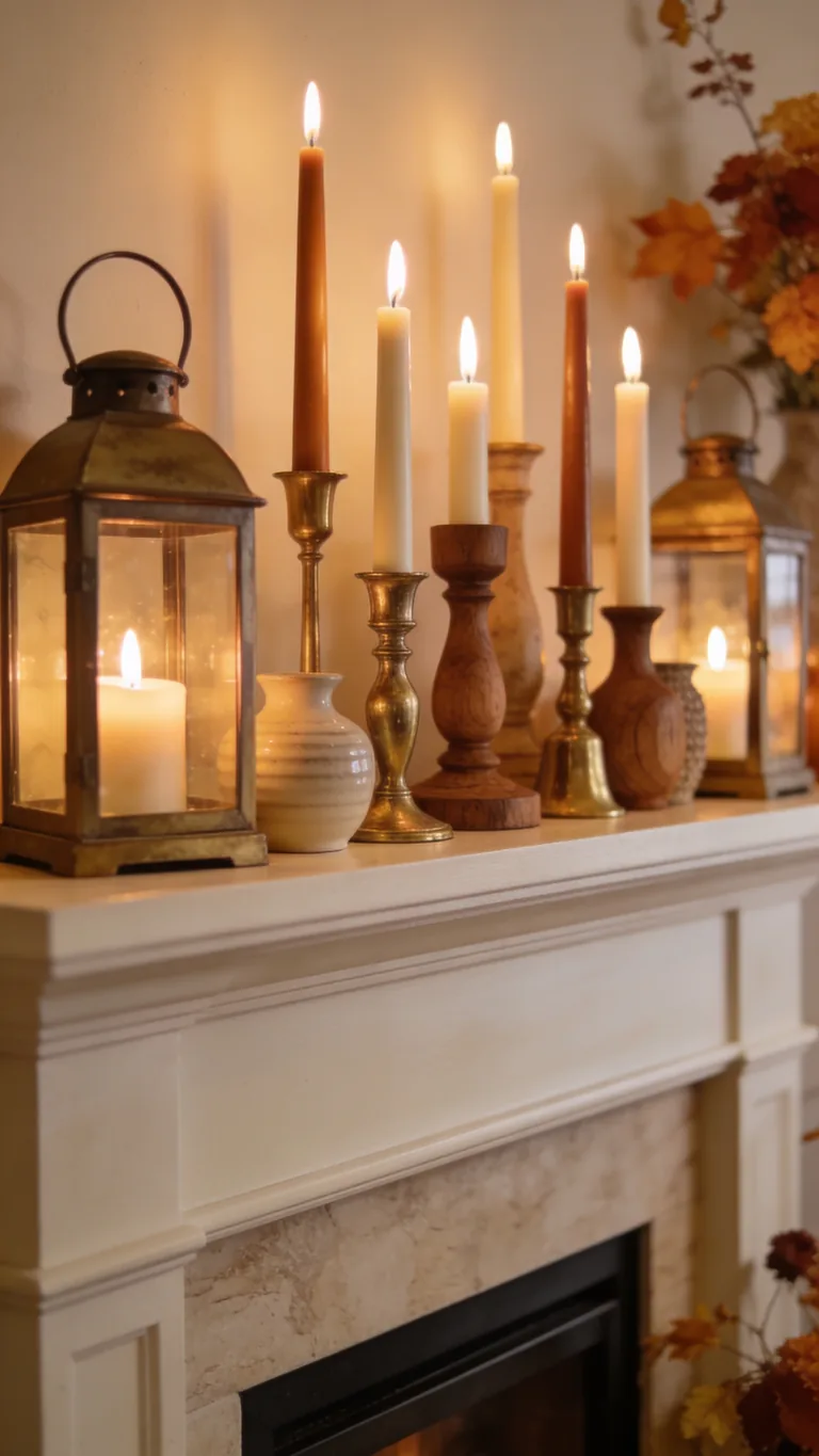 Add Taper Candles in Holders - candlelit fall mantel decor idea