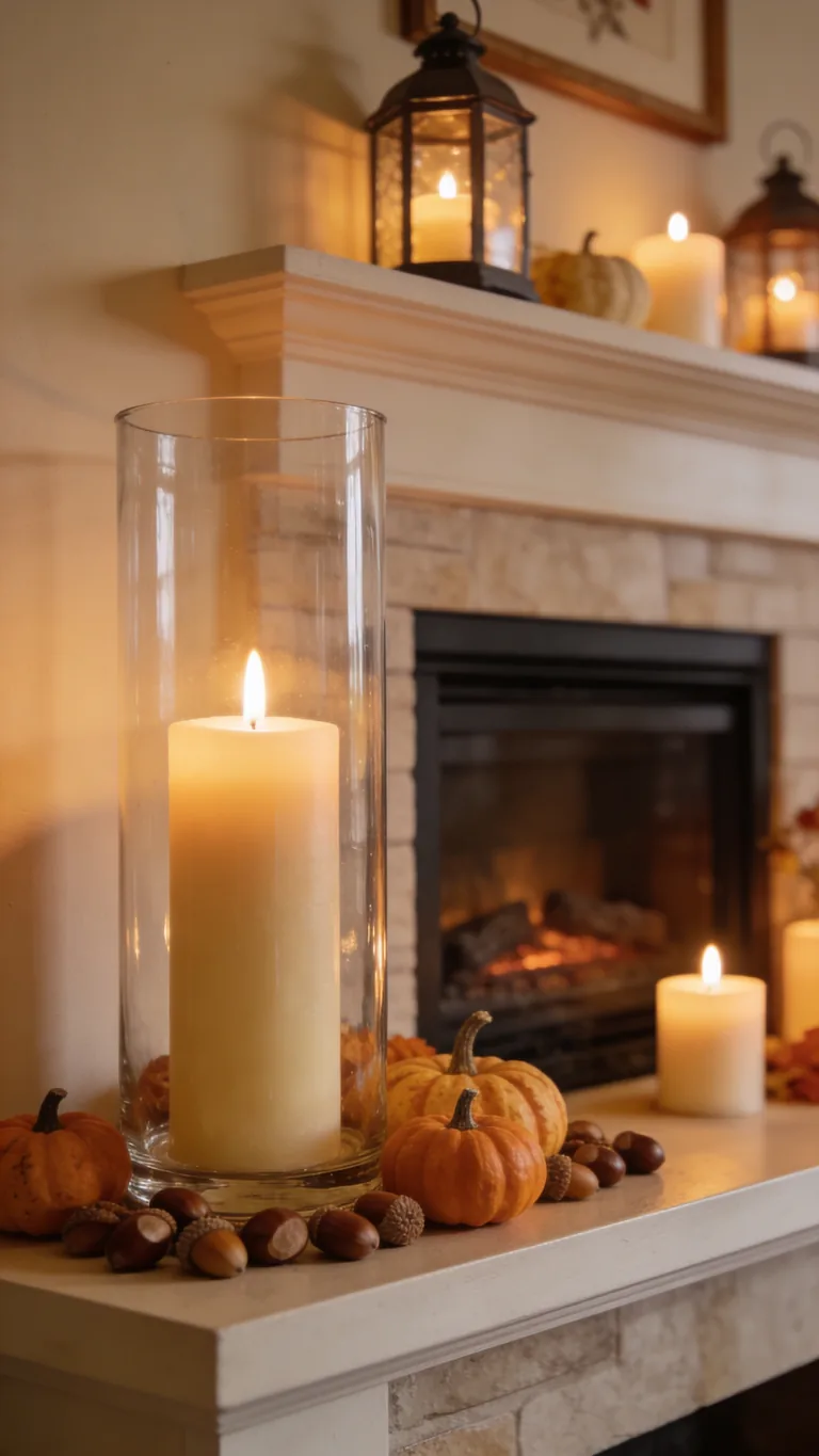 Try Glass Hurricanes - candlelit fall mantel decor idea