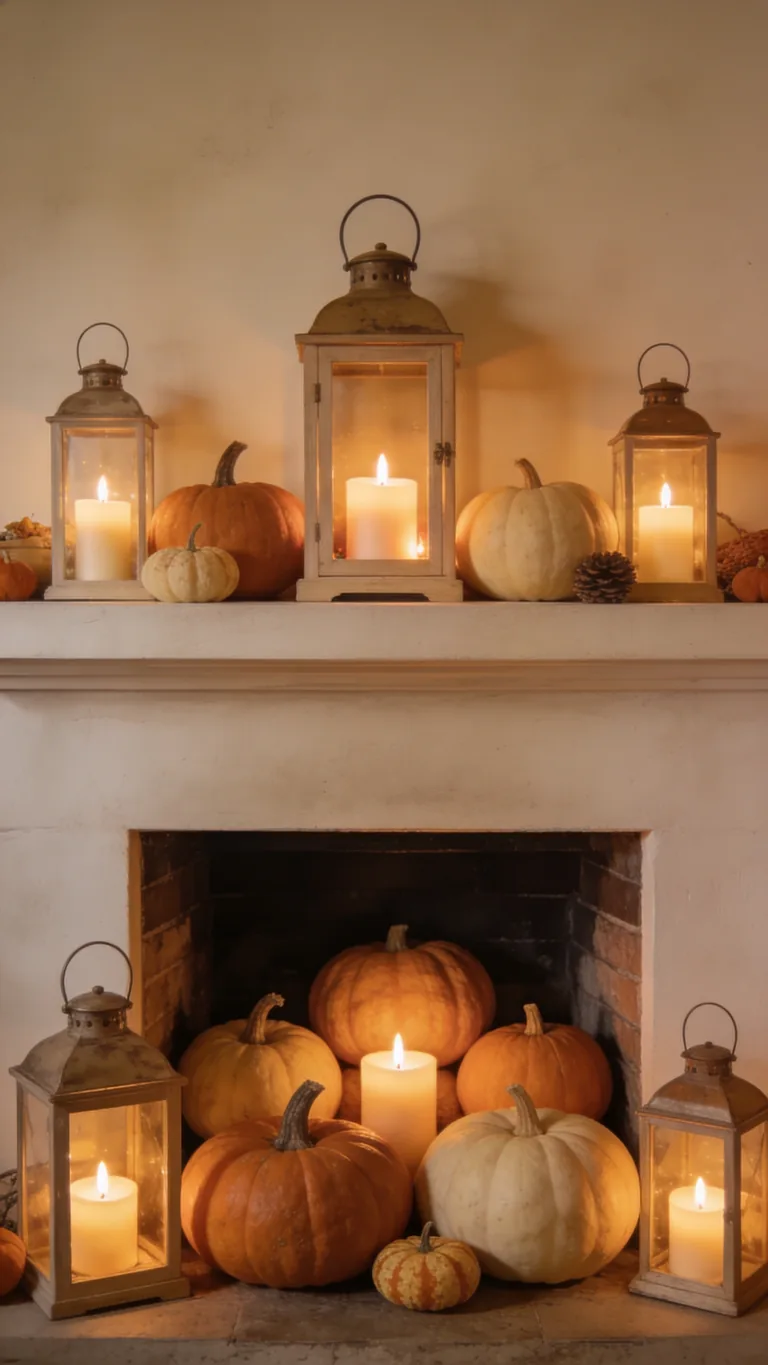 Mix Candles and Pumpkins - candlelit fall mantel decor idea