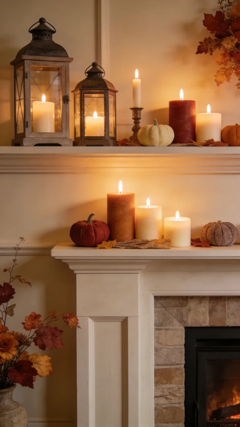 Use Warm-Toned Candles - candlelit fall mantel decor idea