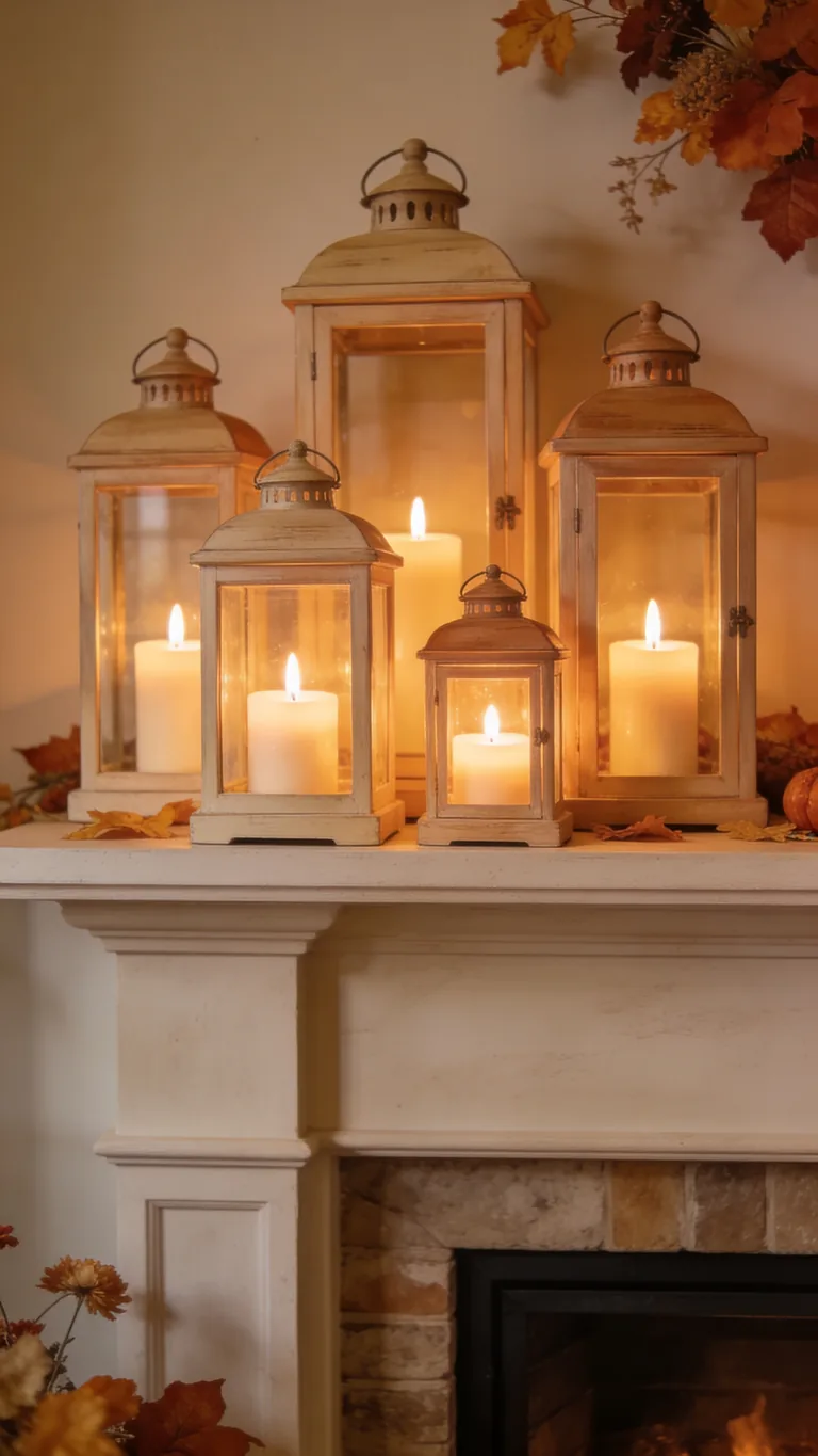 Layer Lanterns of Different Sizes - candlelit fall mantel decor idea